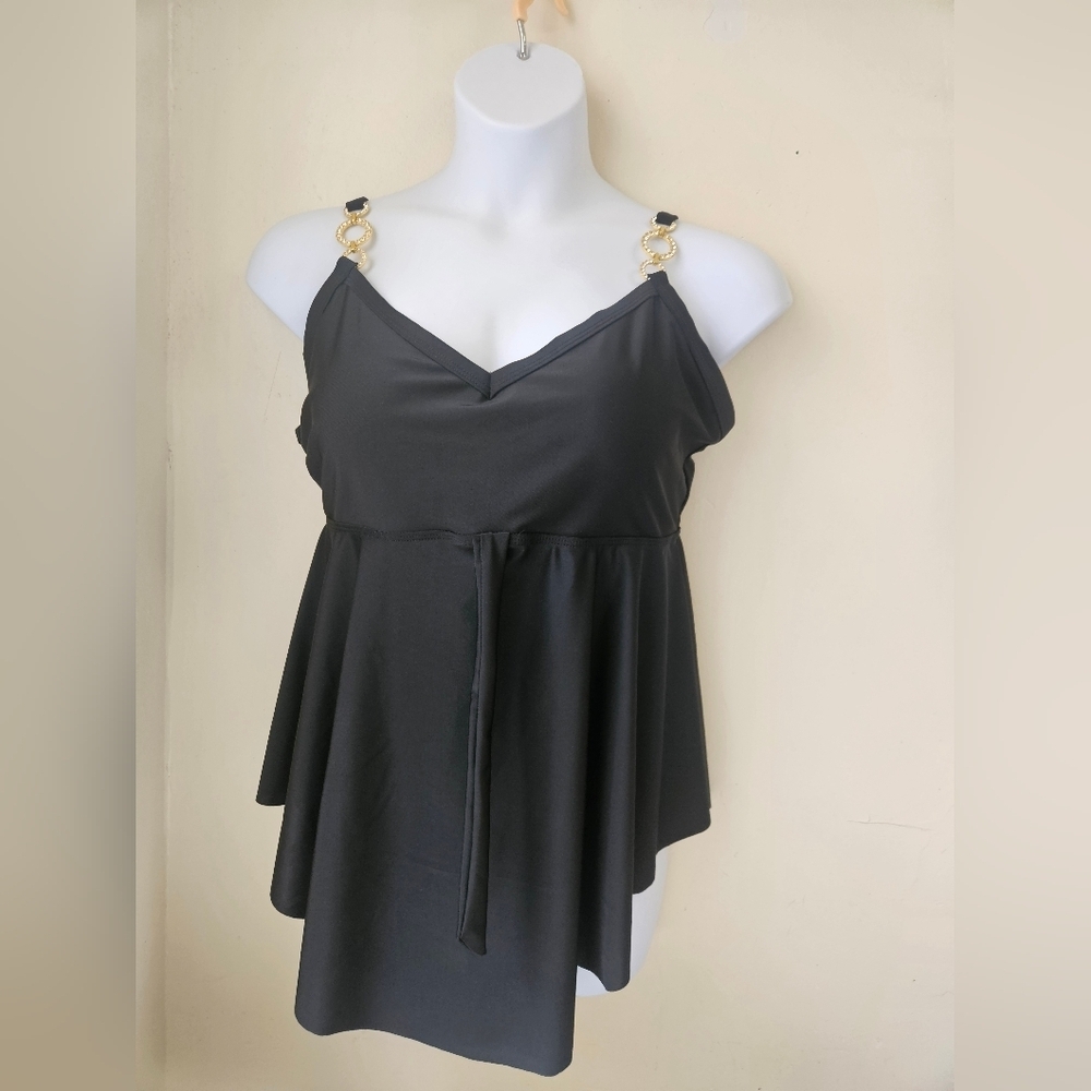 No Brand- Swim Top Women's XL Black  Asymmetrical and Gold  with Tie Front